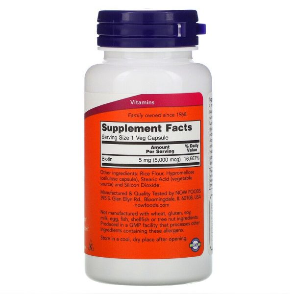 Now Foods, Biotin, 5,000 mcg, 60 Veg Capsules - Image 2