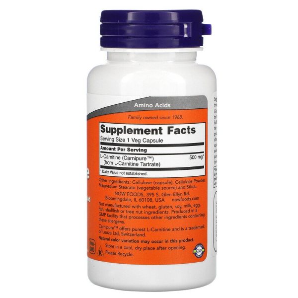 Now Foods, L-Carnitine, 500 mg, 60 Veg Capsules - Image 2