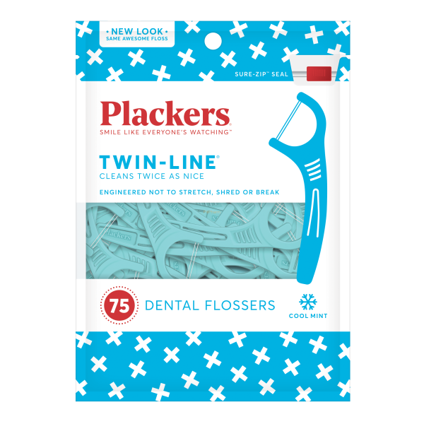 Plackers Twin-Line Dental Floss Picks, Cool Mint, 75 Count
