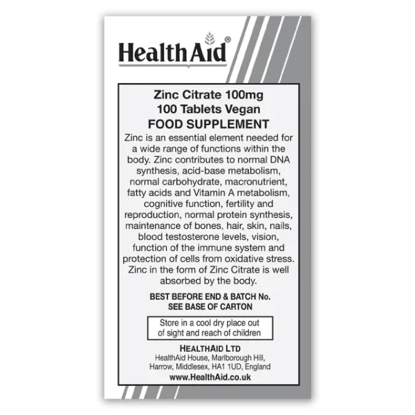 HealthAid Zinc Citrate 100mg Tablets 100's - Image 2