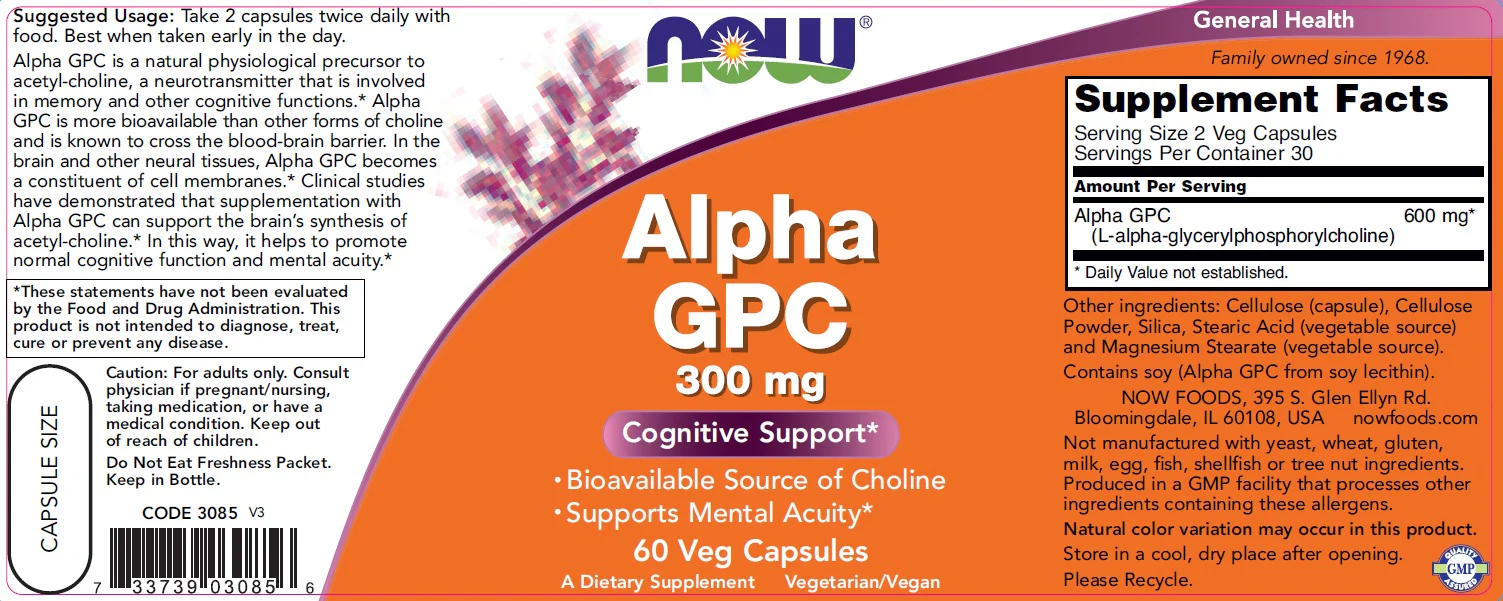 NOW Foods Alpha GPC 300mg Caps 60's - Image 2